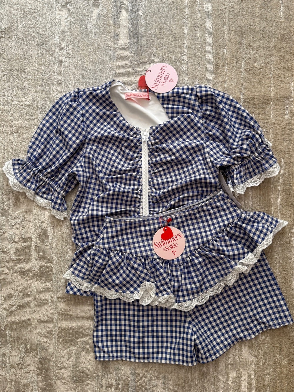 Selkie NWT Blue and White Gingham Ruffle Top and Shorts Swimming Suit - Picture 2 of 10